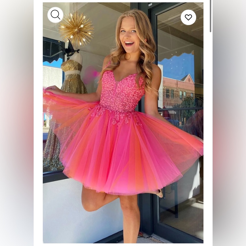 Hot Pink A-Line Tulle Short Dress with Lace